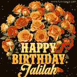 Animated bouquet of orange roses with moving butterfles and golden 'Happy Birthday Jalilah' text, surrounded by sparkling accents and a dark backdrop for a luxurious feel.
