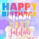 A vibrant animated name GIF with the words 'Happy Birthday Jalilah' with colorful candles on a creamy cake. The background sparkles with pastel shades, adding a festive touch.