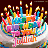 A colorful birthday cake topped with lit candles, with the words 'Happy Birthday Jalilah' in bold glowing letters on a burgundy background. Animated flames add a festive touch.