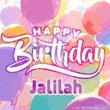 A vibrant name GIF featuring colorful balloons in shades of pink, orange, and yellow with the bold text 'Happy Birthday Jalilah' in festive fonts, creating a lively birthday vibe.