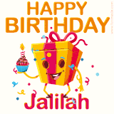 A vibrant and funny gift box character with a happy face dancing with a cupcake and the text 'Happy Birthday Jalilah,' surrounded by animated confetti and party vibes.