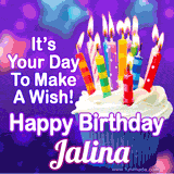 A colorful birthday GIF for Jalina featuring a cupcake with vibrant lit candles and the text 'It's Your Day to Make a Wish! Happy Birthday Jalina' in bold letters on a festive purple background.