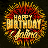 Golden 'Happy Birthday Jalina' text accompanied by animated rainbow fireworks for a festive animated greeting.