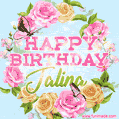 A charming animated GIF featuring 'Happy Birthday Jalina' in pink and green text, surrounded by delicate roses, leaves, and fluttering butterflies on a soft light blue pastel background.