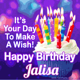 A colorful birthday GIF for Jalisa featuring a cupcake with vibrant lit candles and the text 'It's Your Day to Make a Wish! Happy Birthday Jalisa' in bold letters on a festive purple background.