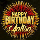 Golden 'Happy Birthday Jalisa' text accompanied by animated rainbow fireworks for a festive animated greeting.