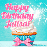 A festive cupcake with pink icing, a gingham bow, and a lit animated sparkler, paired with 'Happy Birthday Jalisa!' in bright pink text.