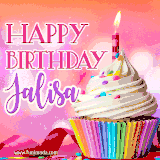 A vibrant birthday GIF featuring a rainbow-colored cupcake topped with white frosting, sprinkles, and a lit candle. The text reads 'Happy Birthday Jalisa' in bold pink and violet letters with white outline.