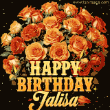 Animated bouquet of orange roses with moving butterfles and golden 'Happy Birthday Jalisa' text, surrounded by sparkling accents and a dark backdrop for a luxurious feel.