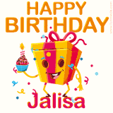 A vibrant and funny gift box character with a happy face dancing with a cupcake and the text 'Happy Birthday Jalisa,' surrounded by animated confetti and party vibes.