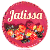 Beautifully decorated red velvet berry birthday cake with vibrant fruits and a glowing 'Jalissa' name, adding a touch of sweetness and sparkle.