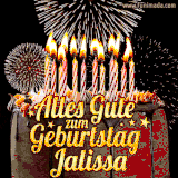 A chocolate birthday cake with glowing candles, the German text 'Alles Gute zum Geburtstag Jalissa,' and vibrant fireworks lighting up the background in an animated GIF.