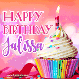 A vibrant birthday GIF featuring a rainbow-colored cupcake topped with white frosting, sprinkles, and a lit candle. The text reads 'Happy Birthday Jalissa' in bold pink and violet letters with white outline.