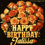 Animated bouquet of orange roses with moving butterfles and golden 'Happy Birthday Jalissa' text, surrounded by sparkling accents and a dark backdrop for a luxurious feel.