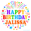 Happy Birthday Jalissa' GIF with rainbow-colored letters, colorful stars, and fireworks on white background.