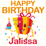 A vibrant and funny gift box character with a happy face dancing with a cupcake and the text 'Happy Birthday Jalissa,' surrounded by animated confetti and party vibes.