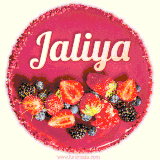 Beautifully decorated red velvet berry birthday cake with vibrant fruits and a glowing 'Jaliya' name, adding a touch of sweetness and sparkle.