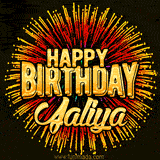 Golden 'Happy Birthday Jaliya' text accompanied by animated rainbow fireworks for a festive animated greeting.