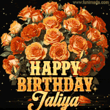 Animated bouquet of orange roses with moving butterfles and golden 'Happy Birthday Jaliya' text, surrounded by sparkling accents and a dark backdrop for a luxurious feel.