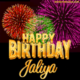 A golden 'Happy Birthday Jaliya' message with vibrant fireworks in the background, creating a festive and celebratory vibe in this animated name GIF.