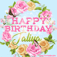 A charming animated GIF featuring 'Happy Birthday Jaliya' in pink and green text, surrounded by delicate roses, leaves, and fluttering butterflies on a soft light blue pastel background.