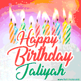 Bright birthday candles with rainbow flames on a cake, alongside the text 'Happy Birthday Jaliyah' in vibrant script in this celebratory animated GIF.