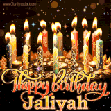 A glowing personalized birthday GIF with name Jaliyah featuring lit candles with intricate designs, warm lighting, and the text 'Happy Birthday' in an elegant font.
