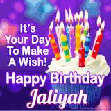 A colorful birthday GIF for Jaliyah featuring a cupcake with vibrant lit candles and the text 'It's Your Day to Make a Wish! Happy Birthday Jaliyah' in bold letters on a festive purple background.