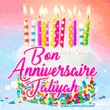 A white birthday cake covered in colorful sprinkles, topped with bright candles, and French text 'Bon Anniversaire Jaliyah' on a pastel gradient background in an animated GIF.