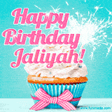 A festive cupcake with pink icing, a gingham bow, and a lit animated sparkler, paired with 'Happy Birthday Jaliyah!' in bright pink text.