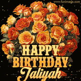 Animated bouquet of orange roses with moving butterfles and golden 'Happy Birthday Jaliyah' text, surrounded by sparkling accents and a dark backdrop for a luxurious feel.
