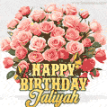 Birthday wishes to Jaliyah with a charming GIF featuring pink roses, butterflies and golden quote