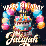 Bright birthday animation for Jaliyah with a chocolate cake, candles, balloons, and glowing celebratory lights.