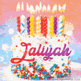 Personalized for Jaliyah elegant birthday cake adorned with rainbow sprinkles, colorful candles and glitter