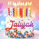 A cheerful white birthday cake with multicolor sprinkles, lit candles, and 'Jaliyah' written in vibrant letters, in an animated GIF.