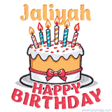 Cartoon birthday cake with a red bow, glowing candles, and 'Jaliyah Happy Birthday' text in bold animated style.