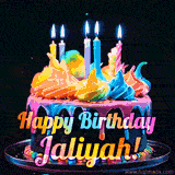 A mesmerizing animated cake with multicolor frosting and candles, and the words 'Happy Birthday Jaliyah' on the black background.