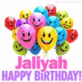 Animated colorful and joyful birthday balloons with cheerful smiles and a bright 'Happy Birthday Jaliyah!' message in pink and purple.