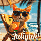 An animated orange cat wearing sunglasses, sitting on a beach chair with a tropical drink, with a festive 'Happy Birthday Jaliyah!' message.