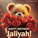 Cinematic style cute animated teddy bear with charming features holding a large bouquet of red roses, the words say 'Happy Birthday Jaliyah' in sans serif font.