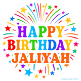 Happy Birthday Jaliyah' GIF with rainbow-colored letters, colorful stars, and fireworks on white background.