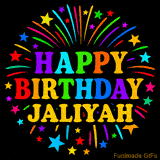 Personalized greeting card with name, colorful text that says 'Happy Birthday Jaliyah' surrounded by animated fireworks and multicolor stars