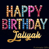 Vibrant luxury birthday greeting card for Jaliyah, showing glittering gemstone letters and golden calligraphy on a dark background with twinkling shine effects.