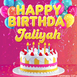 Pink-themed animated greeting with balloons, confetti, and a frosted cake under the message 'Happy Birthday Jaliyah' in bold rounded yellow font.