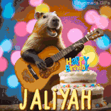 Animated birthday GIF showing a capybara playing guitar and singing beside a birthday cake with the name Jaliyah in large letters and colorful bokeh lights in the background.