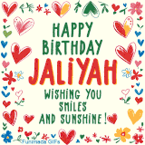 A colorful animated card for Jaliyah’s birthday featuring playful hearts, cheerful flowers, and a handwritten message wishing smiles and sunshine.