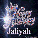 Custom birthday GIF for Jaliyah showing glittering crystals, a majestic tiara, and stellar space light beams.