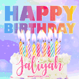 A vibrant animated name GIF with the words 'Happy Birthday Jaliyah' with colorful candles on a creamy cake. The background sparkles with pastel shades, adding a festive touch.