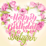 A stunning heart made of pink roses surrounds the elegant script text 'Happy Birthday Jaliyah' on a soft beige background. Animated sparkles add a magical and festive feel.