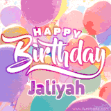 A vibrant name GIF featuring colorful balloons in shades of pink, orange, and yellow with the bold text 'Happy Birthday Jaliyah' in festive fonts, creating a lively birthday vibe.
